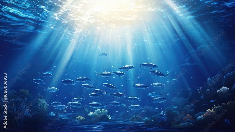 Underwater Scene with Fish and Sunlight Rays Underwater Scene with Fish and Sunlight Rays