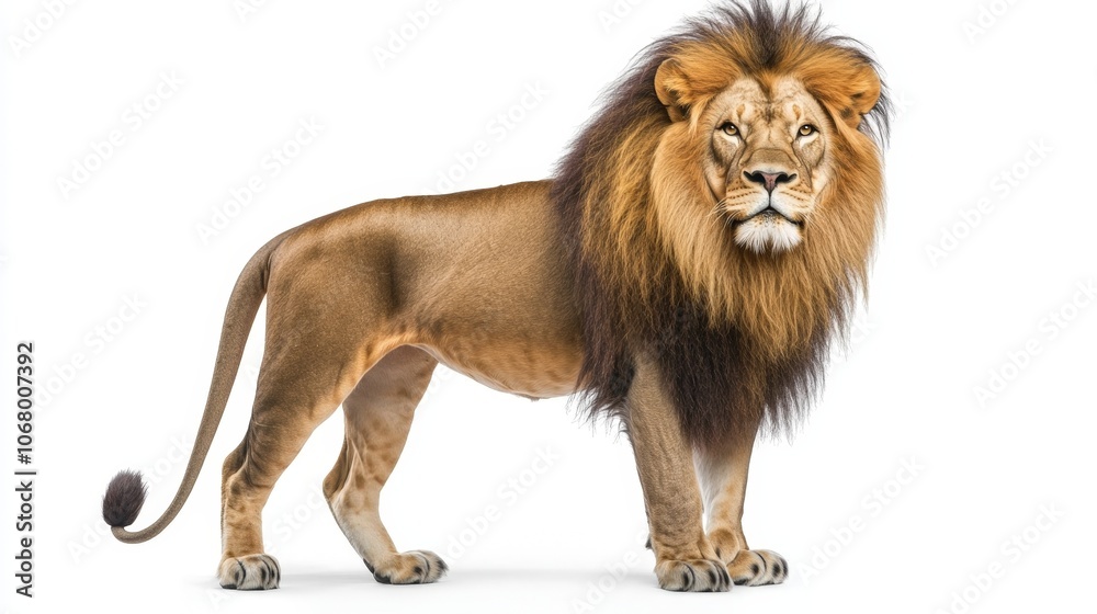A proud lion standing tall with its mane flowing, isolated on a white background A proud lion standing tall with its mane flowing, isolated on a white background