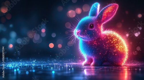 Neon light Easter bunny glowing with vibrant colors, ideal for futuristic holiday designs and banners.