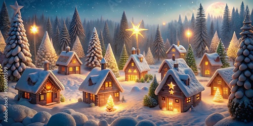 Wallpaper Mural A Winter Wonderland Village Nestled Among Snow-Covered Trees, Bathed in the Warm Glow of Festive Lights and a Full Moon Torontodigital.ca