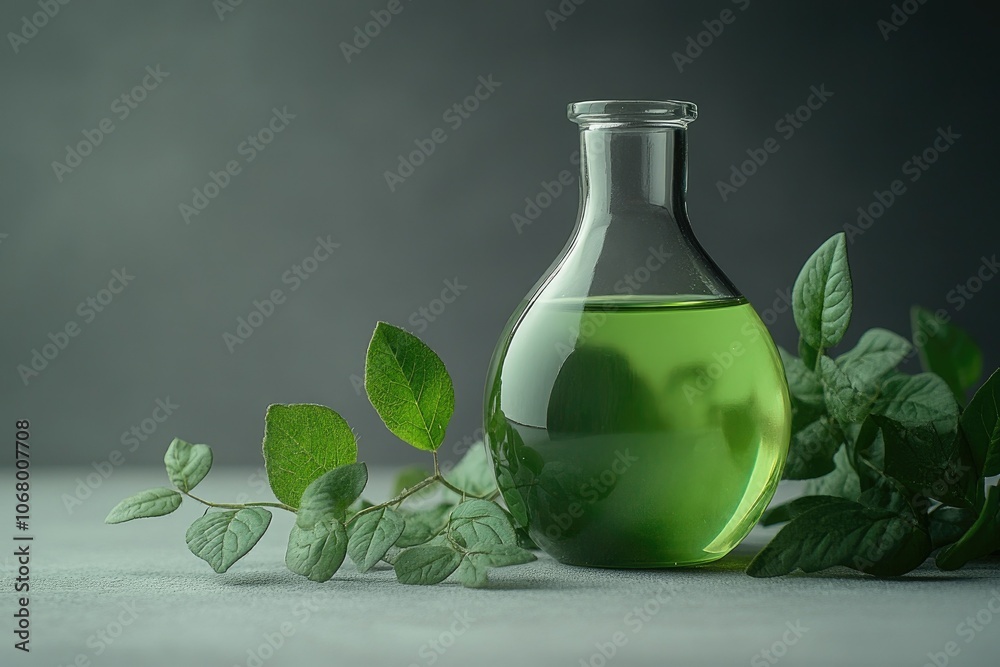 Simple scene with a small flask of green biofuel next to fresh plants, set against a plain background with copyspace Simple scene with a small flask of green biofuel next to fresh plants, set against a plain background with copyspace