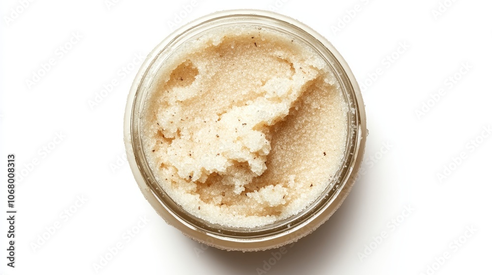 A round jar of exfoliating sugar scrub with natural ingredients, isolated on a white background