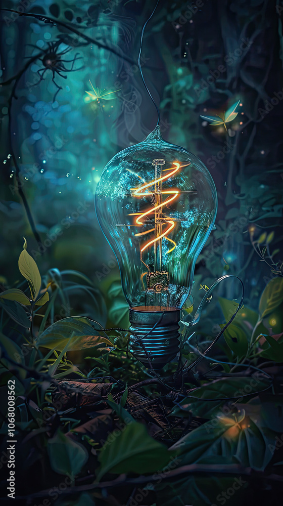 Intricate Filament Bulb in Mystical Night Forest Intricate Filament Bulb in Mystical Night Forest