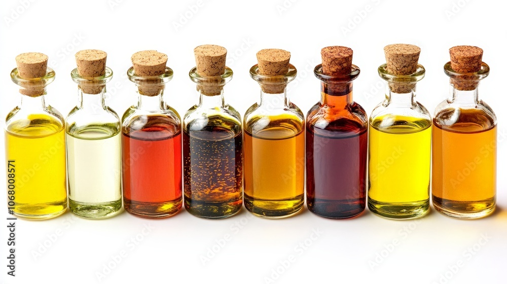 A set of ayurvedic oils for massage therapy in glass bottles, isolated on a white background A set of ayurvedic oils for massage therapy in glass bottles, isolated on a white background