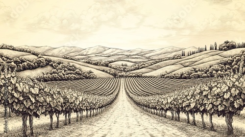 Panorama of vineyard hills and rows, ideal for wine plantation and farming illustrations in vintage line sketch style.