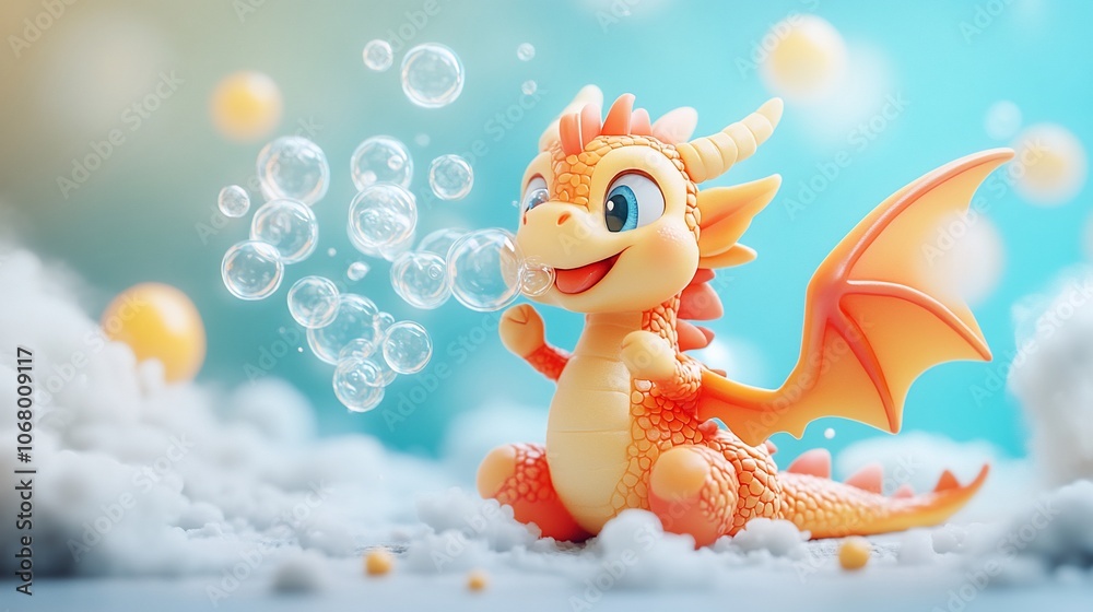 Obraz premium A cute, orange dragon with big eyes blows bubbles on a fluffy, white cloud.