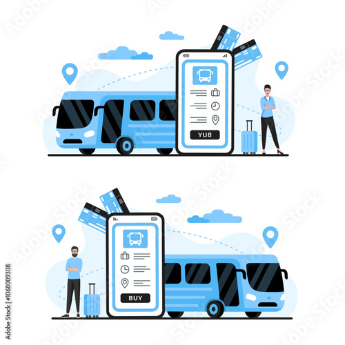 Bus travel concept. Colored vector flat illustration. White background.