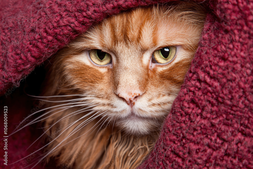fluffy orange cat peeking out from cozy red blanket, looking curious fluffy orange cat peeking out from cozy red blanket, looking curious