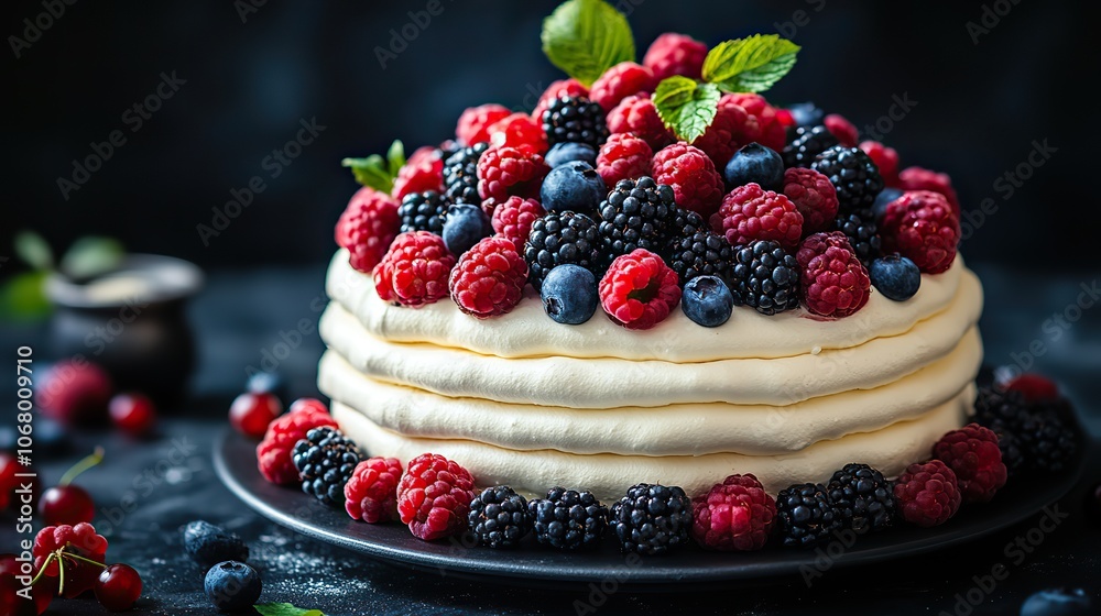 Pavlova cake with fresh berries on a dark background, a sweet confectionery dessert suitable for weddings or birthdays. Pavlova cake with fresh berries on a dark background, a sweet confectionery dessert suitable for weddings or birthdays.