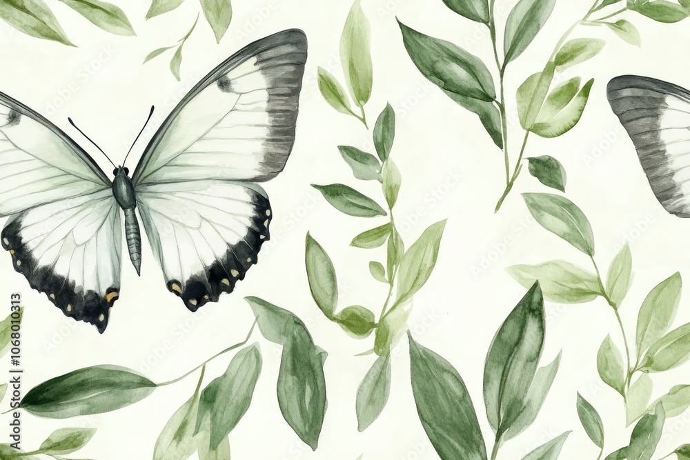 Fototapeta premium Watercolor painting of a white butterfly with black markings on its wings, surrounded by green leaves.