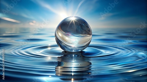 A glistening sphere, a captured reflection of light and water, resting on the surface of a tranquil blue lake.
