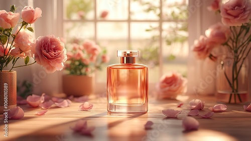 Perfume bottle with rose blossoms and petals, a clean and minimalistic product mockup for beauty product branding.