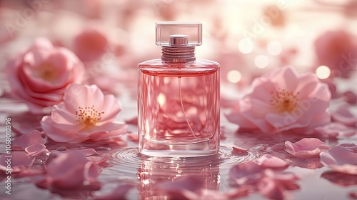 Perfume bottle with rose blossoms and petals, a clean and minimalistic product mockup for beauty product branding.