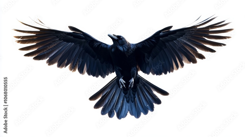 A sleek raven flying through the sky, its wings spread wide, isolated on a white background