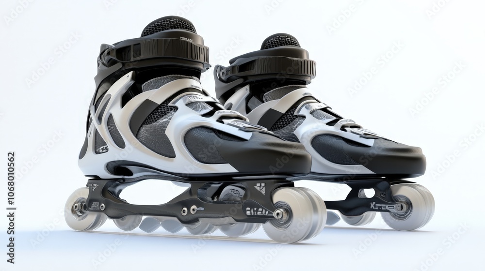 A sleek pair of inline skates with a modern design, isolated on a white background A sleek pair of inline skates with a modern design, isolated on a white background