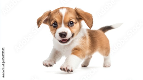 A small puppy chasing its tail, full of playful energy, isolated on a white background