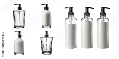 Clear Glass Bottles with Pumps and White Liquid