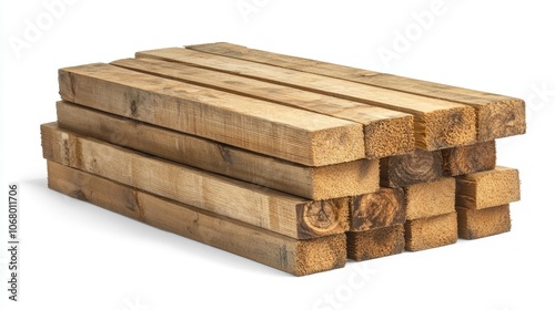 A stack of 2x4 wooden studs, isolated on a white background