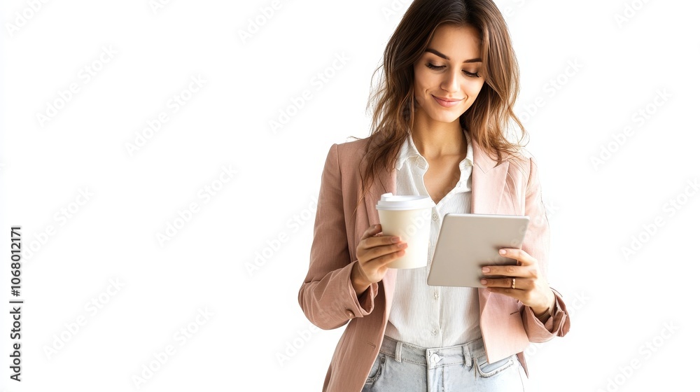 A stylish woman in a business casual outfit, holding a cup of coffee and working on her tablet, isolated on a white background A stylish woman in a business casual outfit, holding a cup of coffee and working on her tablet, isolated on a white background