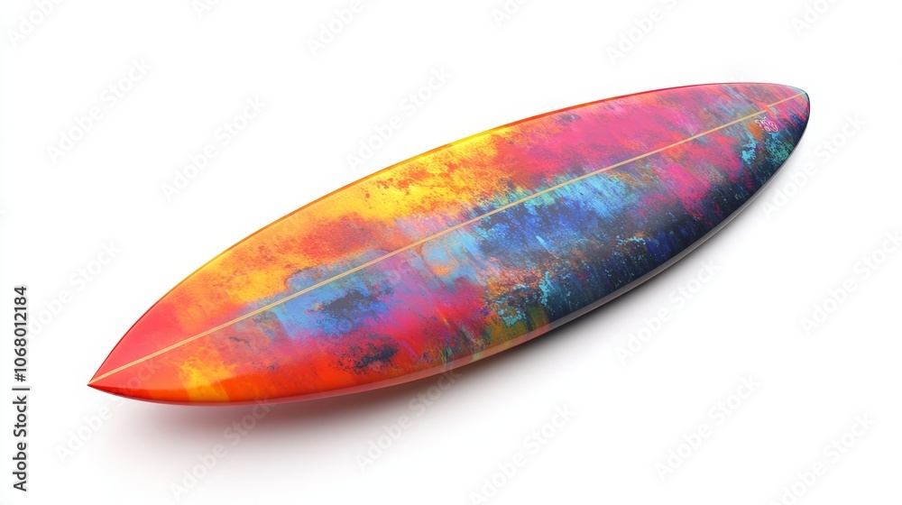 A surfboard with a colorful design and wax applied, isolated on a white background A surfboard with a colorful design and wax applied, isolated on a white background