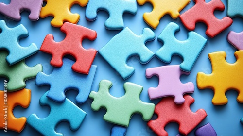 Puzzle pieces on a pastel blue background, representing autism awareness, ideal for banners and posters with copy space.