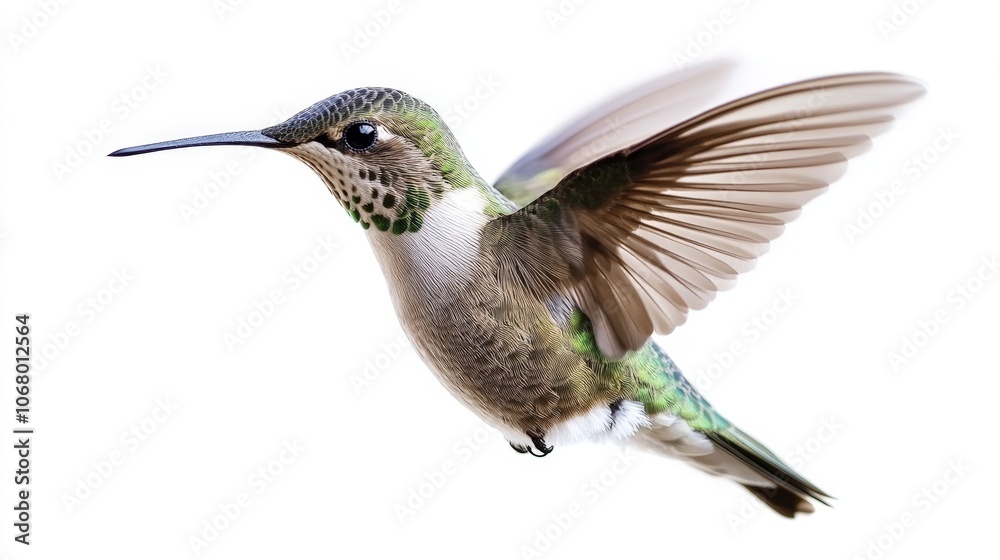 Fototapeta premium A tiny hummingbird hovering in mid-air with its wings beating rapidly, isolated on a white background