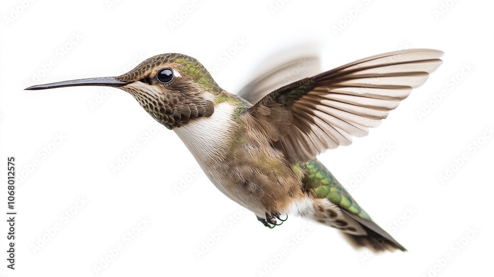 Obraz premium A tiny hummingbird hovering in mid-air with its wings beating rapidly, isolated on a white background
