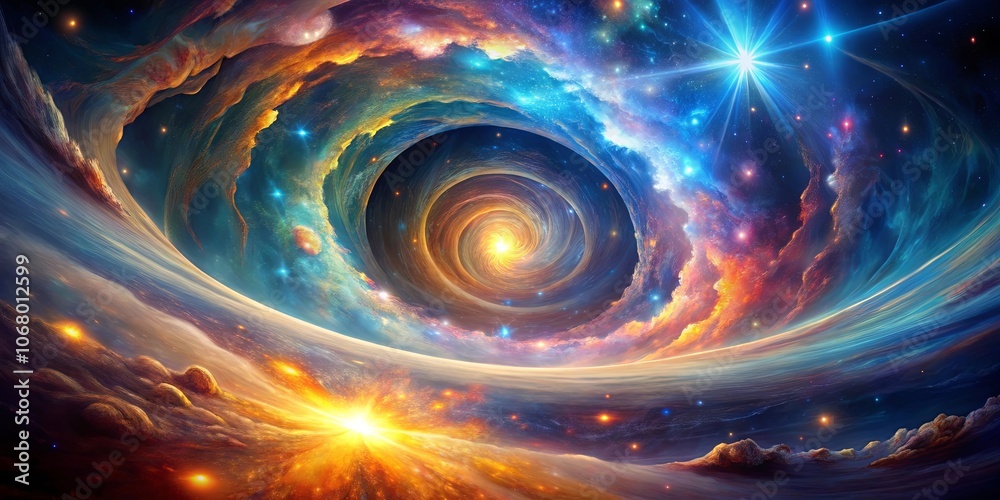 Obraz premium Cosmic Dance of Light and Gravity A swirling vortex of energy and celestial bodies, bathed in a symphony of brilliant colors, embodies the captivating dance of cosmic forces.