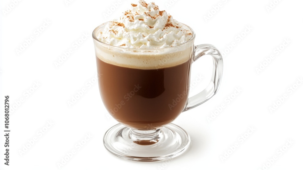 A traditional Irish coffee with whipped cream on top, served in a glass mug, isolated on a white background