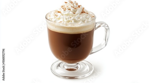 A traditional Irish coffee with whipped cream on top, served in a glass mug, isolated on a white background