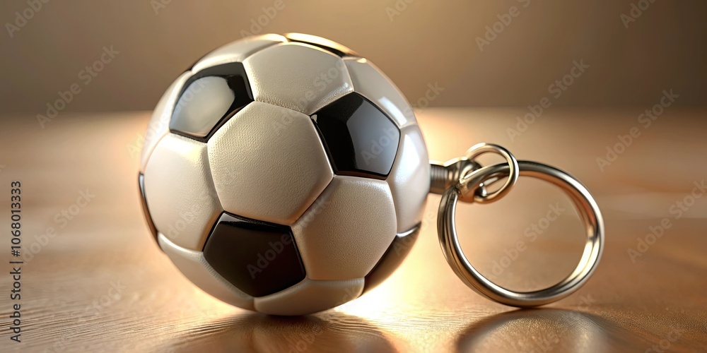 A Miniature Soccer Ball Keychain Resting on a Wooden Surface, A Symbol of Passion and Sport A Miniature Soccer Ball Keychain Resting on a Wooden Surface, A Symbol of Passion and Sport