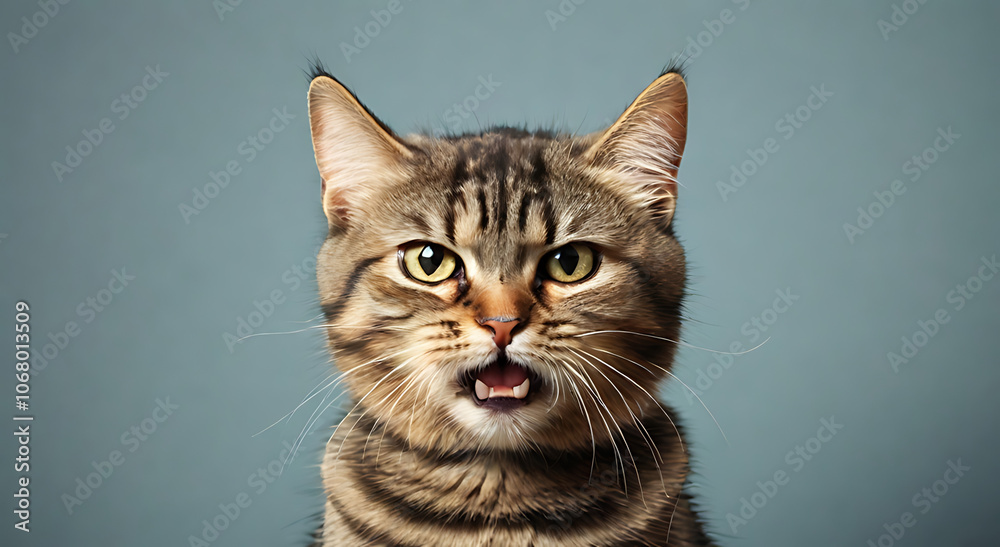 Fototapeta premium Angry and Surprised Cat with Comical Expression, Isolated on Plain Background for Maximum Humor