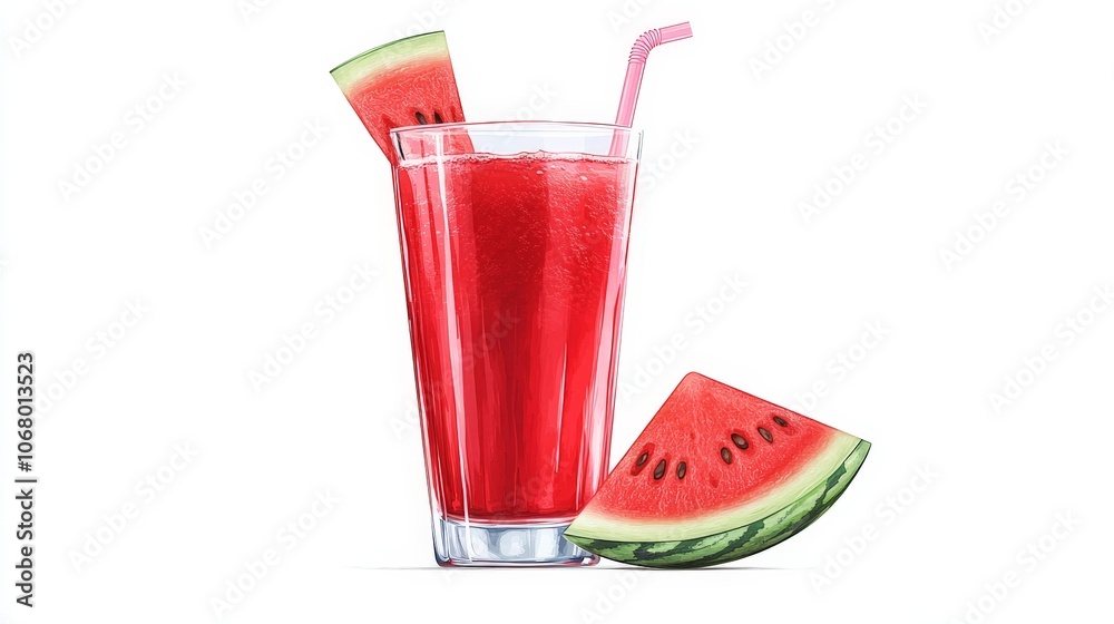 A vibrant watermelon juice served with a slice of watermelon, isolated on a white background A vibrant watermelon juice served with a slice of watermelon, isolated on a white background