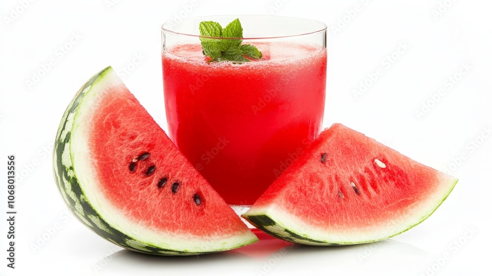 A vibrant watermelon juice served with a slice of watermelon, isolated on a white background