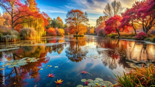 Serene Autumnal Reflection in Still Water, Where Vivid Colors Dance Upon the Surface, Creating a Captivating Visual Symphony