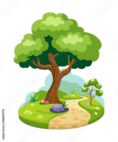 Vector tree with a path in the garden, isolated on a white background. Illustration. Vector element for design.