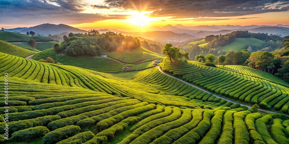 Fototapeta premium Serene Sunset Over Rolling Green Hills, Where Rows Of Lush Tea Plants Meet The Horizon