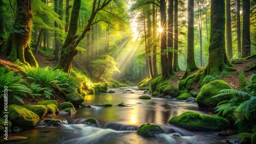 Sunbeams filtering through a canopy of leaves, illuminating a serene forest stream and moss-covered rocks