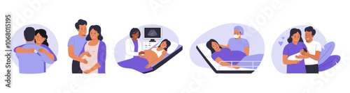 Happy pregnant woman illustration concept with her husband. Visiting doctor for consultation, giving birth happily, holding baby. Illustration for website, landing page, mobile app, poster and banner.