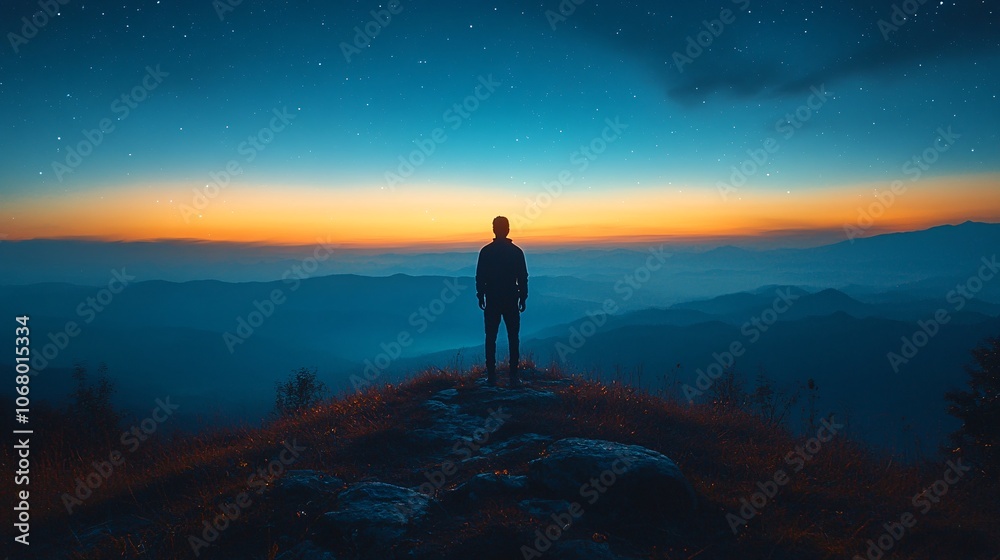 Man Standing on Mountain Under Dark Blue Sky Man Standing on Mountain Under Dark Blue Sky