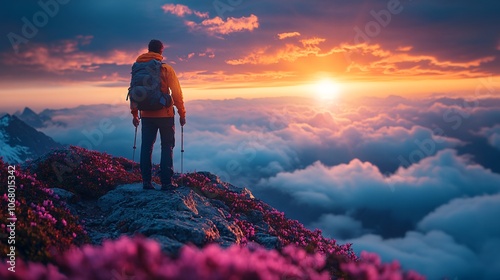 Man Standing on Mountain with Colorful Sky at Sunset