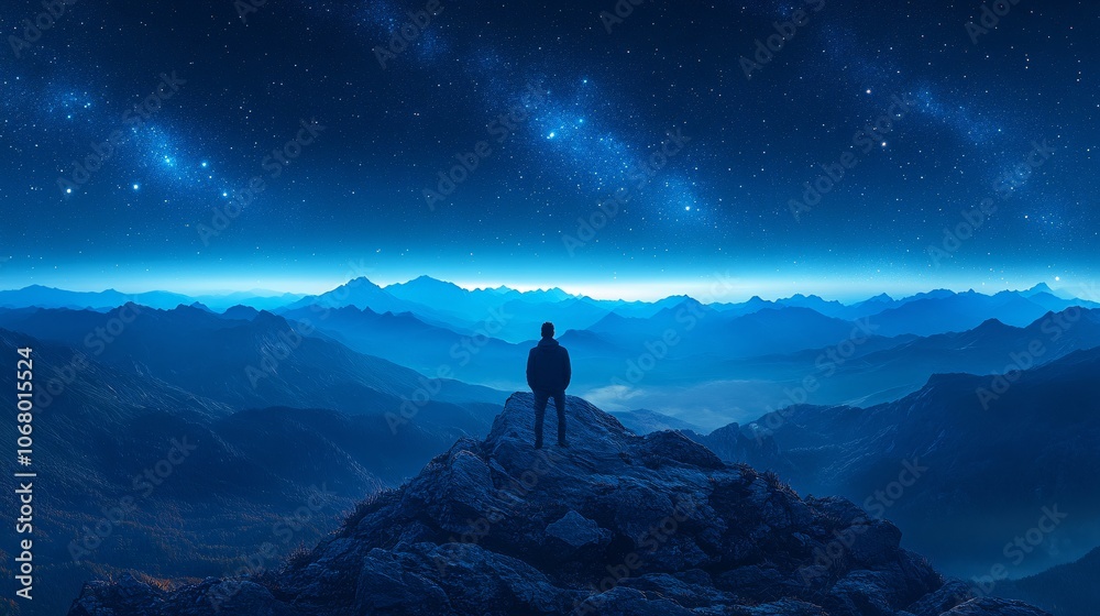 Man Silhouetted on Mountaintop Under Starry Sky Man Silhouetted on Mountaintop Under Starry Sky