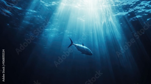 Underwater Scene with a Fish and Sunlight Rays