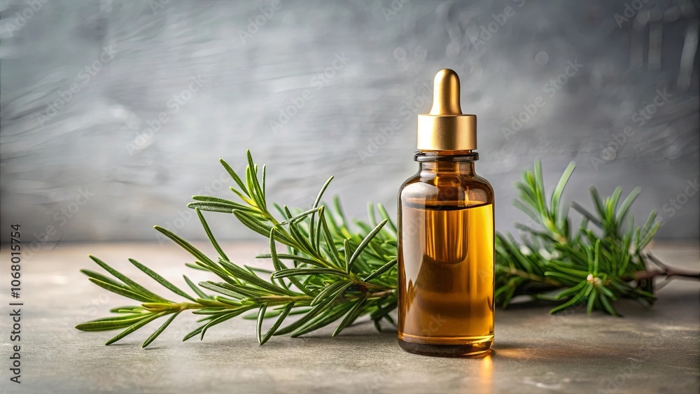 Aromatic Rosemary Oil in a Glass Bottle with Dropper, Natural Herbal Essence for Wellness and Beauty Aromatic Rosemary Oil in a Glass Bottle with Dropper, Natural Herbal Essence for Wellness and Beauty
