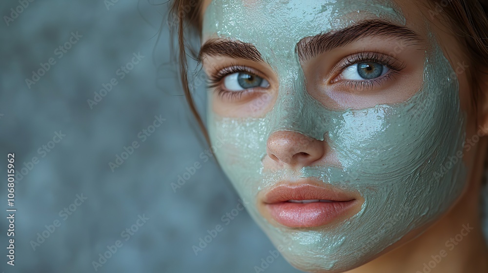 A young woman with a facial mask on a gray background symbolizes skincare and beauty treatments, perfect for banners promoting natural cosmetics. A young woman with a facial mask on a gray background symbolizes skincare and beauty treatments, perfect for banners promoting natural cosmetics.