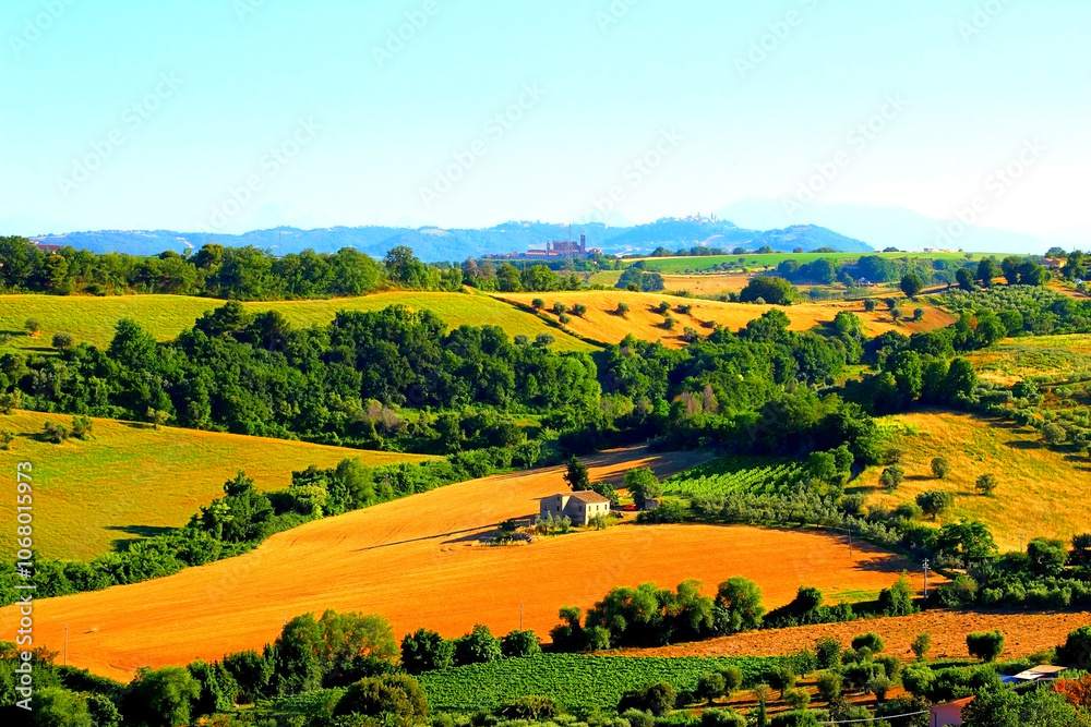 Fototapeta premium Warm scenery in Campofilone with the gentle rolling hills of the typical Marche landscape extending in green, yellow and slightly reddish colors in front of a hilly background with villages and sky