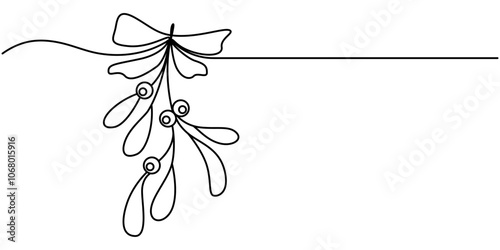 Continuous one single line of mistletoe winter flower isolated on white background, Hanging a bunch of mistletoe branches tied with a ribbon drawn by one line. Floral sketch. Continuous line drawing.