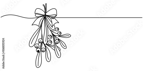 Continuous one single line of mistletoe winter flower isolated on white background, Hanging a bunch of mistletoe branches tied with a ribbon drawn by one line. Floral sketch. Continuous line drawing.