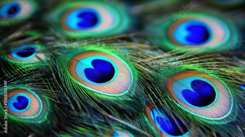 Vibrant peacock feather texture showcasing rich blue and green eyespots, intricate patterns reflecting nature's beauty and elegance photo