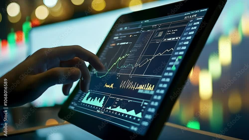 A sleek tablet displaying financial market data with graphs and charts, indicating trends and analysis for investment decisions. A sleek tablet displaying financial market data with graphs and charts, indicating trends and analysis for investment decisions.